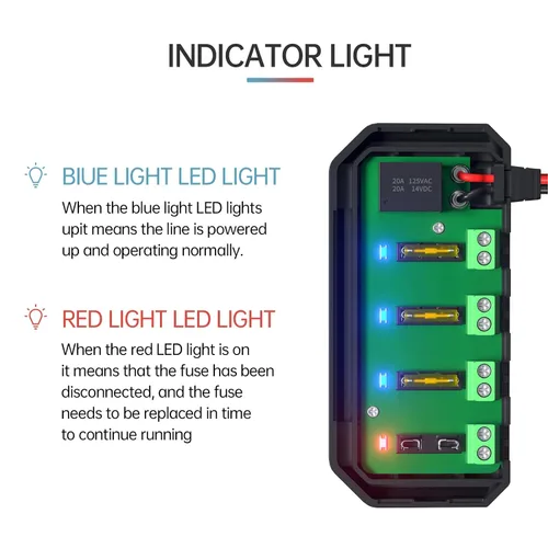 Vista 9 de Caja de 4 vías y relés, kit de bloque de caja de relé de 12 V 20 A con indicador LED, caja de bloque de relé universal para motocicleta, automóvil