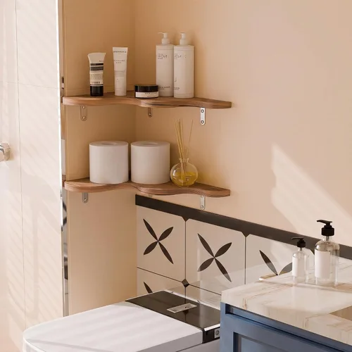 Vista 7 de Cute Cloud Corner Shelves - Set of 2 Brown Wooden Floating Corner Shelves Wall Mounted, 90-Degree Space-Saving Nursery Shelves with Brackets, Kids
