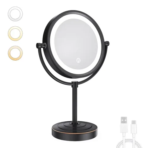 Vista 9 de GURUN Espejo de maquillaje con iluminación LED de 8.5 pulgadas con aumento de 10 aumentos de doble cara, con enchufe de acabado cromado M2208D