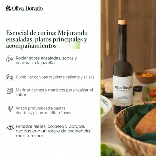 Vista 4 de Oliva Dorado Aceite de oliva virgen extra orgánico, 100% sin refinar y prensado en frío, hecho de aceitunas arbequinas ricas en polifenoles, origen