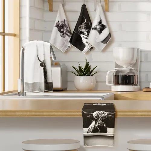Vista 7 de Boyiee Juego de 6 toallas de cocina de ganado Highland, divertidas toallas de baño de vaca en blanco y negro, absorbentes de 24 x 16 pulgadas, lindo