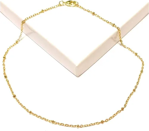 Vista 2 de Tobillera de 10 pulgadas chapada en oro de acero inoxidable con cadena de cuentas satelitales en caja de regalo