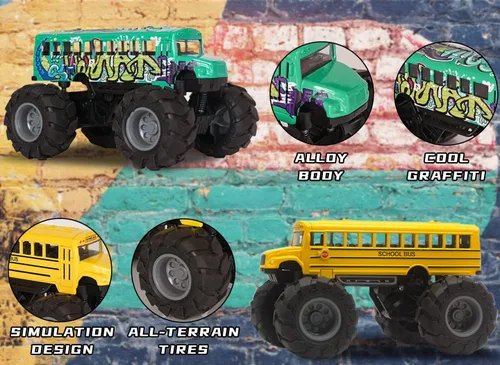 Vista 2 de Paquete de 2 camiones monstruos de autobús escolar, camión monstruo de rueda grande fundida, juguetes de auto verde y amarillo, regalos de vehículo