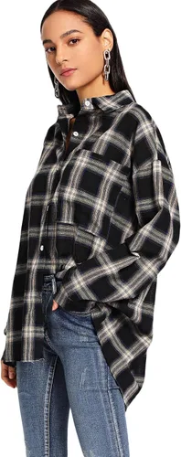 Vista 3 de SweatyRocks - Blusa tipo camisa larga para mujer, de manga larga, con cuello, abotonada, a cuadros.