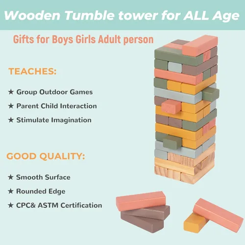Vista 9 de WOODENFUN Juegos de apilamiento de bloques de madera, juego de bloques de Multicolor