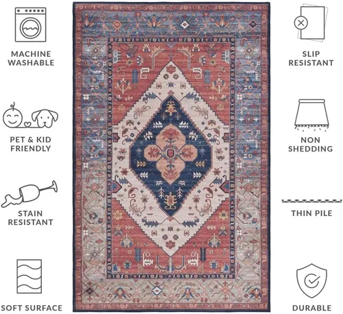 Vista 3 de SAFAVIEH Alfombra lavable Tucson Collection - 2 pies 6 pulgadas x 4 pies, azul óxido, antideslizante y fácil de limpiar, ideal para sala de estar