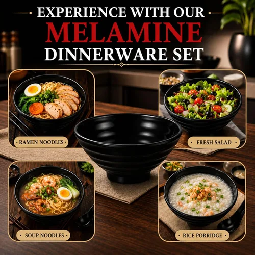 Vista 6 de Juego de Tazones Japoneses para Ramen de 32 oz – 20 Piezas de Tazones Pho de Melamina Negra con Palillos, Cucharas y Soportes – Vajilla para Fideos