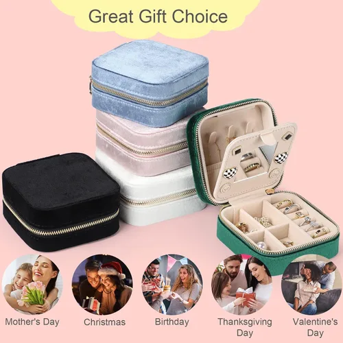 Vista 6 de Sightor Organizador de terciopelo para joyas, pequeño estuche de joyería con espejo portátil, estuche de almacenamiento de joyas para anillos