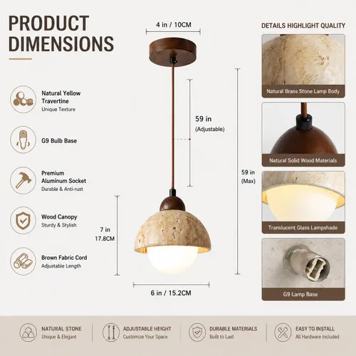 Vista 2 de Lámpara colgante de travertino natural con globo de vidrio esmerilado, moderna lámpara colgante Wabi Sabi para isla de cocina, comedor, dormitorio