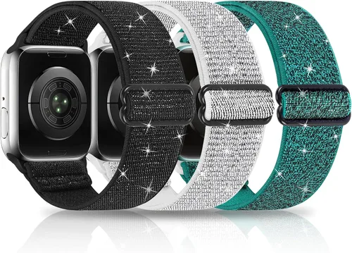 Vista 8 de Paquete de 3 bandas elásticas brillantes compatibles con Apple Watch Band de 1.99 pulgadas, 1.49 pulgadas, 1.57 pulgadas, 1.57 pulgadas, 1.61