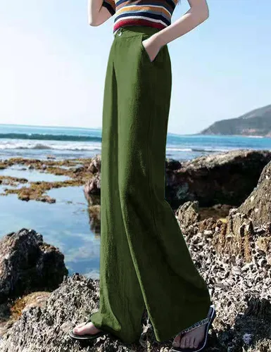 Vista 2 de Hooever - Pantalones casuales de cintura alta y pierna ancha, rectos con botones para mujer