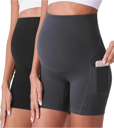 Vista 10 de POSHDIVAH Pantalones cortos de maternidad para mujer de 5 pulgadas 2 piezas negro