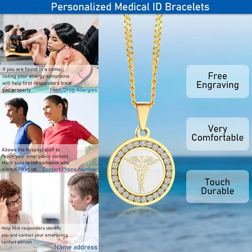 Vista 121 de VNOX Collar con colgante personalizado de acero inoxidable con grabado personalizado para identificación de alerta médica de emergencia para hombres