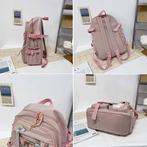 Vista 4 de FETNHU Mochila Preppy, mochila Kawaii con pin Kawaii y accesorios para niñas, mochila estética escolar, Negro-a, 1