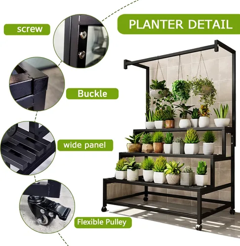 Vista 5 de Soporte de metal grande de 3 niveles, con estante alto para macetas colgantes, con rodillos resistente para plantas, para el hogar, jardín, sala