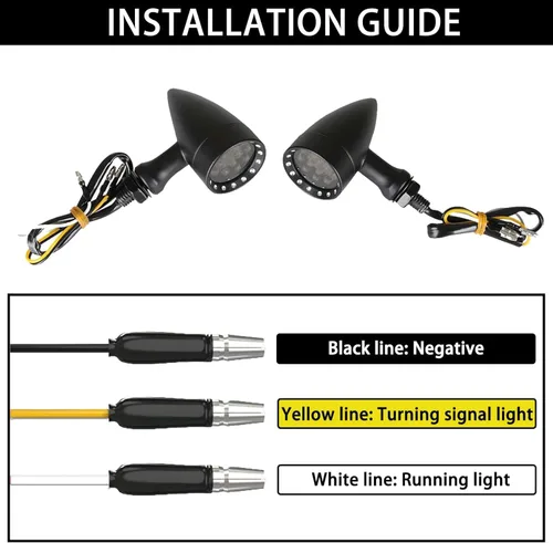 Vista 5 de DREAMIZER - Luces de señal de giro para motocicleta, color negro, 15 LEDs, diseño de bala, luces indicadoras delanteras y traseras, luz blanca y Luz