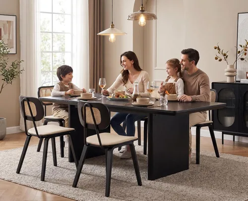 Vista 4 de Juego de 2 sillas de comedor de ratán, asiento de piel sintética Beige/Negro