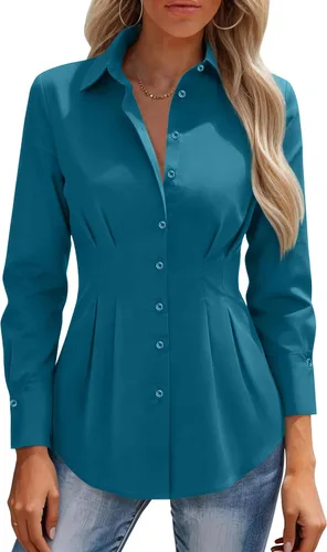 Vista 13 de siliteelon Camisas con botones para mujer, cintura ceñida, camisa de vestir de algodón de manga larga para negocios, casual, trabajo, oficina