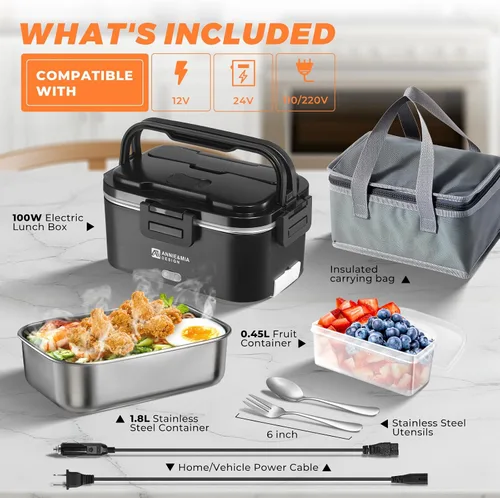 Vista 6 de Annie & Mia Design Fiambrera eléctrica para adultos, 100 W, 1.8 L, calentador de alimentos portátil para hombres, lonchera térmica para adultos