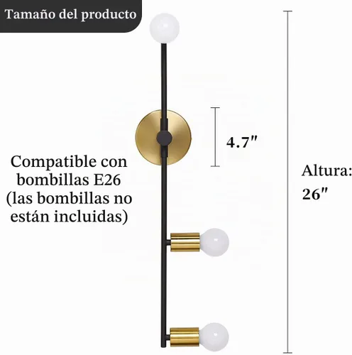 Vista 6 de Apliques de pared para dormitorio, 3 luces de iluminación vintage, modernas luces montadas en la pared, lámpara de pared para porche, pasillo Dorado