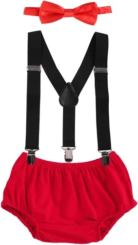 Vista 12 de Conjunto de ropa para festejar el primer cumpleaños de bebés, calzón pañalero con tirantes y corbata de moño. Beige & Blue