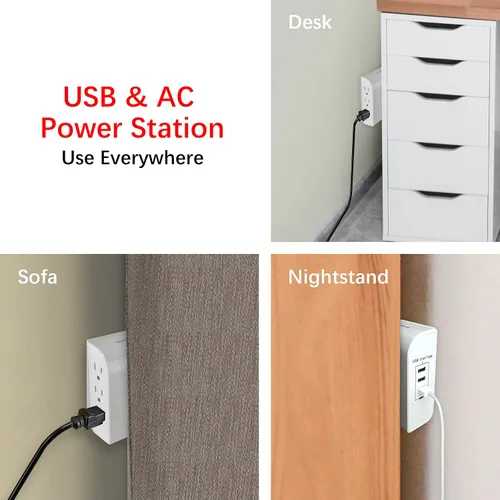Vista 9 de Protector de sobretensiones de 3 salidas laterales de 1200 julios con 3 puertos USB-A y cargadores USB-C de 1 puerto, CP30009