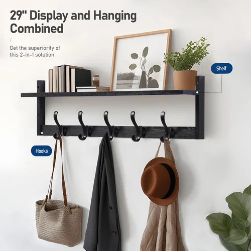 Vista 2 de Tatub Perchero de pared de 29 pulgadas con estante, ganchos de pared de madera con almacenamiento, estante de entrada con 5 perchas para baño, sala
