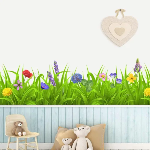 Vista 8 de Pegatinas de pared de plantas verdes frescas, calcomanías de zócalo, hojas verdes, flores coloridas, calcomanías de pared DIY Murales extraíbles