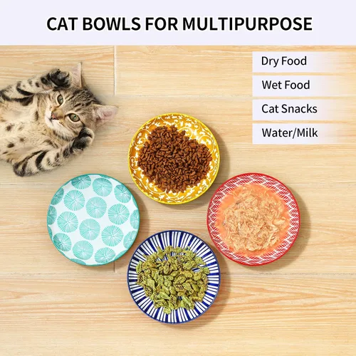 Vista 5 de Selamica Cuencos de cerámica para gatos, 6 pulgadas de ancho poco profundos para aliviar la fatiga de los bigotes, juego de 4, colores surtidos