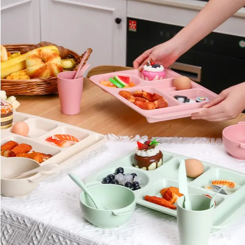 Vista 5 de Bokon Juego de 24 platos divididos para adultos de paja de trigo, juego de cubiertos para niños pequeños, apto para microondas, picnic, escuela