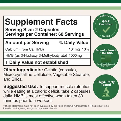 Vista 2 de Double Wood Supplements Suplemento HMB, probado por terceros, sin OMG, sin gluten, 120 cápsulas, 1000 mg por porción, 500 mg por cápsula