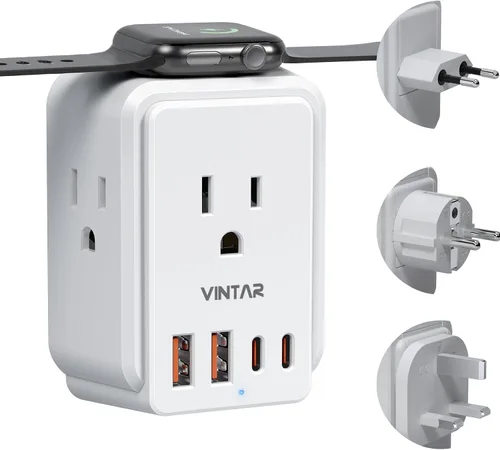 Vista 9 de VINTAR - Adaptador de viaje universal para cargador de Apple Watch, adaptador de corriente internacional con 3 salidas de CA, 4 puertos USB