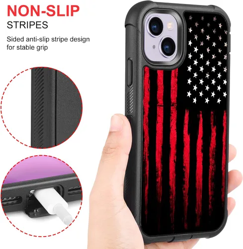 Vista 6 de Funda para iPhone 13/14, color negro, rojo y bandera estadounidense Bandera americana roja negra