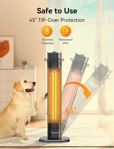 Vista 7 de VAGKRI Calentador Eléctrico de Patio al Aire Libre, Calentador de Tubo de Carbono Infrarrojo de 1500 W Dual, Protección contra Volcadura