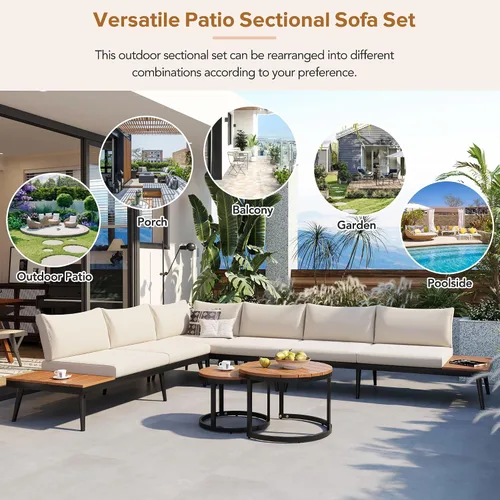 Vista 6 de RUNNA Moderno juego de muebles para exteriores, juego de sofá modular de 6 piezas con mesas de centro redondas anidables y sofá de asiento, juego