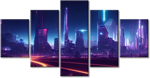 Vista 51 de Cuadros de 5 paneles de Cyberpunk City, arte de pared, representación de vallas publicitarias, edificios modernos en la capital con obras de arte