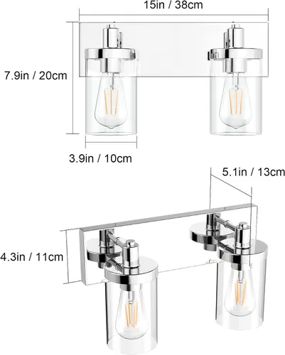 Vista 4 de Aipsun Accesorios de iluminación de tocador de baño, luz cromada, 2 luces, luz de baño de acero inoxidable con pantalla de vidrio transparente