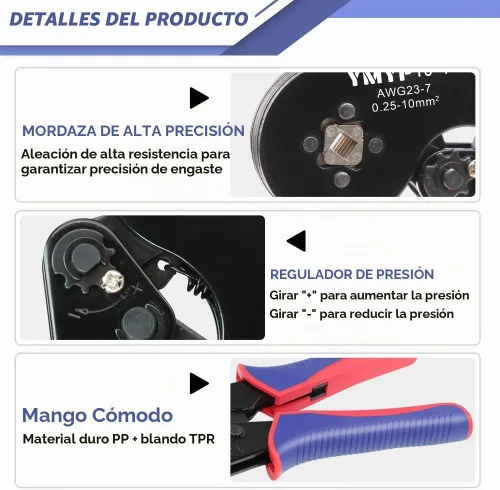 Vista 3 de Herramienta de prensado de virola AWG 23-7, crimpadora cuadrada para terminales de manguitos finales - Herramienta de trinquete autoajustable