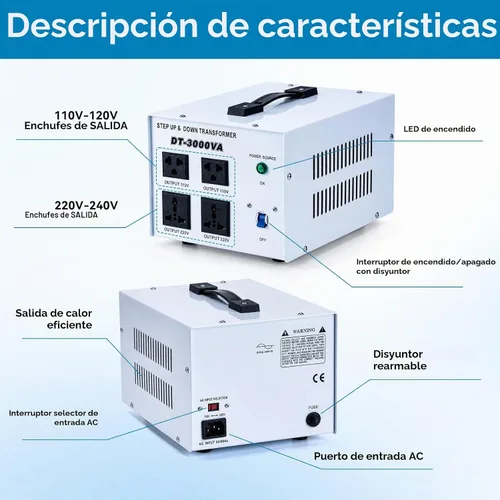 Vista 3 de Transformador de voltaje de 3000 W, convertidor de potencia de 110 V/120 V y 220 V/240 V, regulador toroidal de 4 salidas, protección contra
