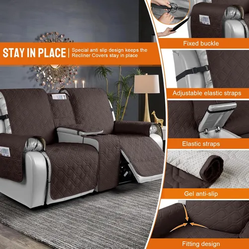 Vista 4 de VANSOFY Funda reclinable 100% impermeable con consola (chocolate) y fundas de sofá reclinable (chocolate, 3 plazas)