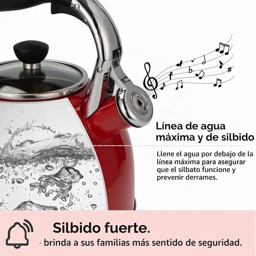 Vista 3 de Rorence Hervidor de té silbante: hervidor de acero inoxidable de 2.5 cuartos con fondo de cápsula y tapa de vidrio resistente al calor (rojo)