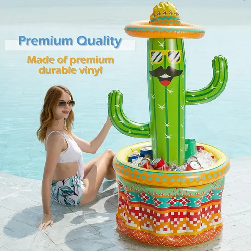 Vista 3 de Jasonwell Hielera inflable para fiesta en la piscina – Cubo de hielo de cactus para fiesta de Luau hawaiano tropical playa temática cumpleaños
