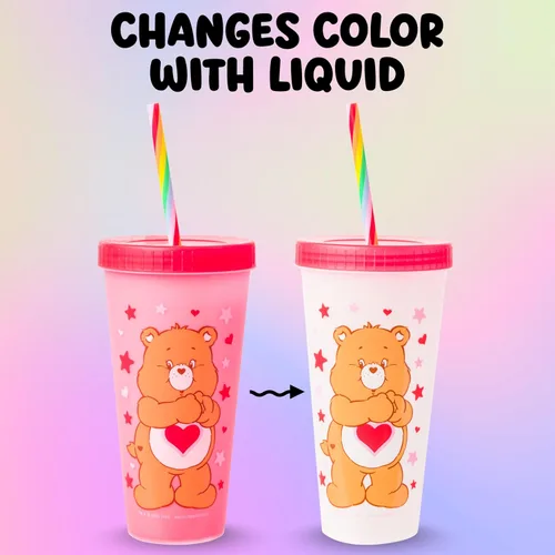 Vista 9 de Silver Buffalo Care Bears Corazones y Estrellas Juego de 4 Vasos de Plástico Cambian de Color con Popotes de Espiral Arcoíris con Tenderheart
