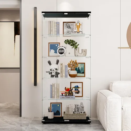 Vista 27 de Armario esquinero de cristal templado con 4 estantes de 64 pulgadas de alto, gabinete de licor de 5 lados con luces LED, bloqueo y pies ajustables