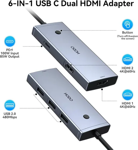 Vista 2 de HODO Docking Station to Dual HDMI Monitors USB C to Dual HDMI Adapter 4K Gris