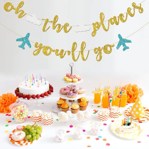 Vista 4 de INNORU Cartel de Oh The Places You Go - Decoración de banderines para fiesta de despedida temática de viaje, Bon Voyage, cumpleaños, aniversario