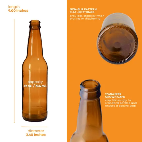 Vista 3 de FastRack Botellas de cerveza ámbar de 12 onzas (paquete de 24) Botellas de cerveza de vidrio de cuello largo con acabado de corona