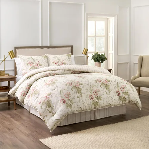 Vista 22 de Waverly Forever Peony - Juego de edredón de 4 piezas, 100% algodón, estampado floral de bayas, tamaño matrimonial/queen, con 2 fundas de almohada