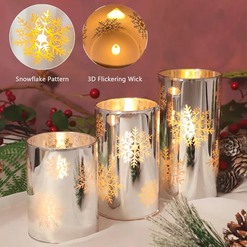 Vista 4 de Velas LED sin llama de copo de nieve con control remoto y temporizador, velas de vidrio electrochapado operadas por batería, velas LED parpadeantes