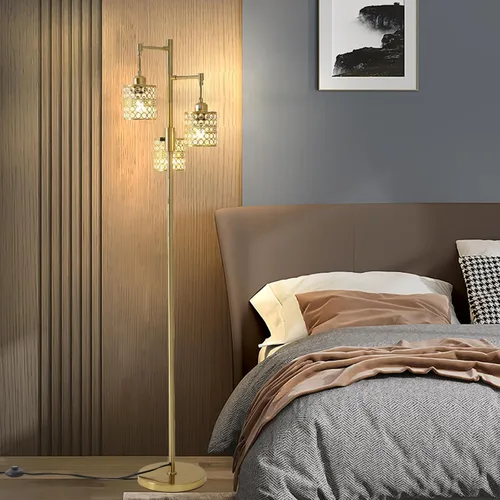 Vista 3 de Lámpara de pie industrial, lámpara de pie regulable, lámpara de árbol dorado, lámpara de pie con 3 elegantes pantallas de cristal para sala